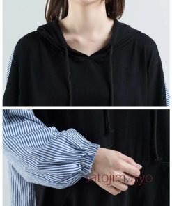 パーカー　トレーナー　スウェット　切り替え　フード　ストライプ　ボリューム　シャツ　レディース　長袖  体型カバー　ゆったり　オーバーサイズ　ポケット　